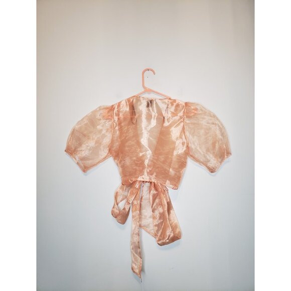 Forever 21 Womens S Sheer Wrap Top Puff Sleeve Shimmer Pink Festival Whimsical - Picture 2 of 6